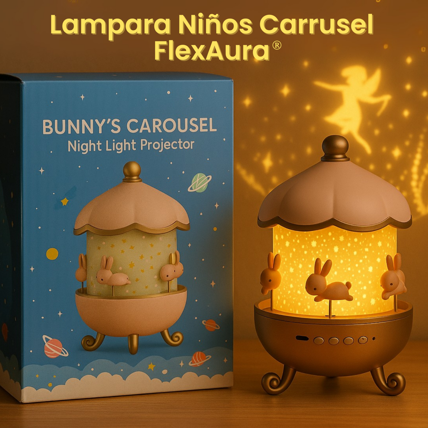 Proyector Carrousel para Niños y Niñas Figuras Parlante FlexAura®