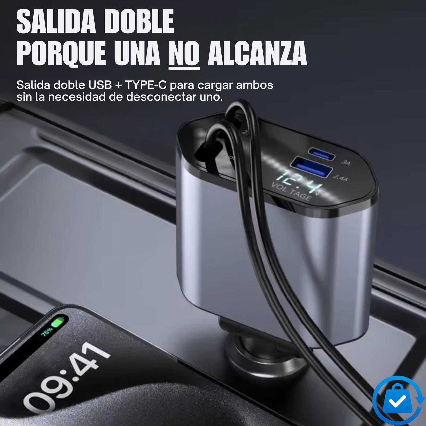 Cargador Rapido con Cable Retráctil 4 en 1 para Auto + Soporte Gratis