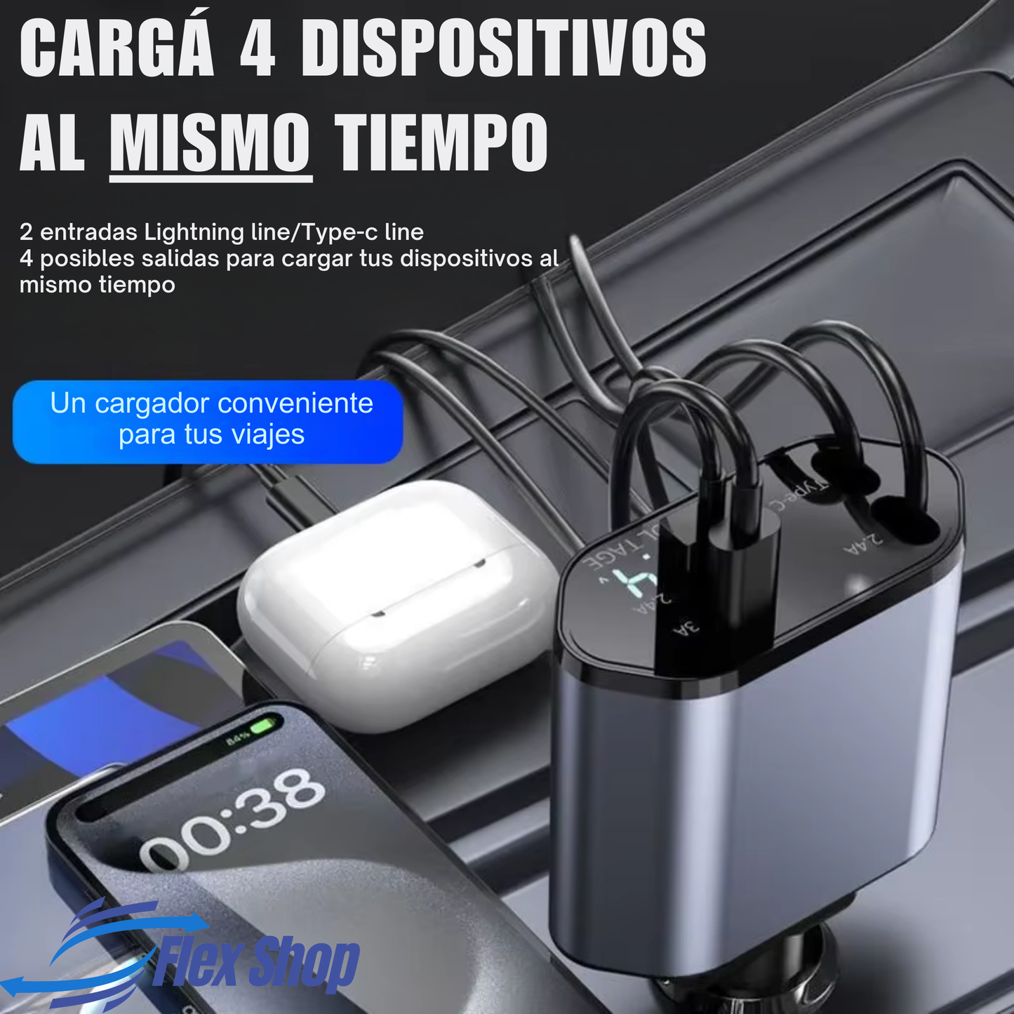 Cargador Rapido con Cable Retráctil para Auto FlexShop®