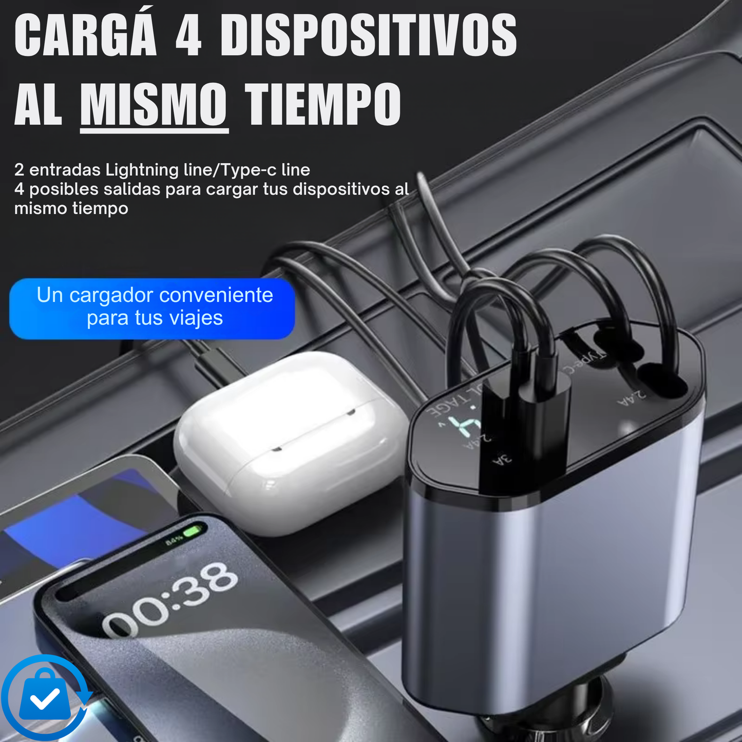 Cargador Rapido con Cable Retráctil 4 en 1 para Auto + Soporte Gratis