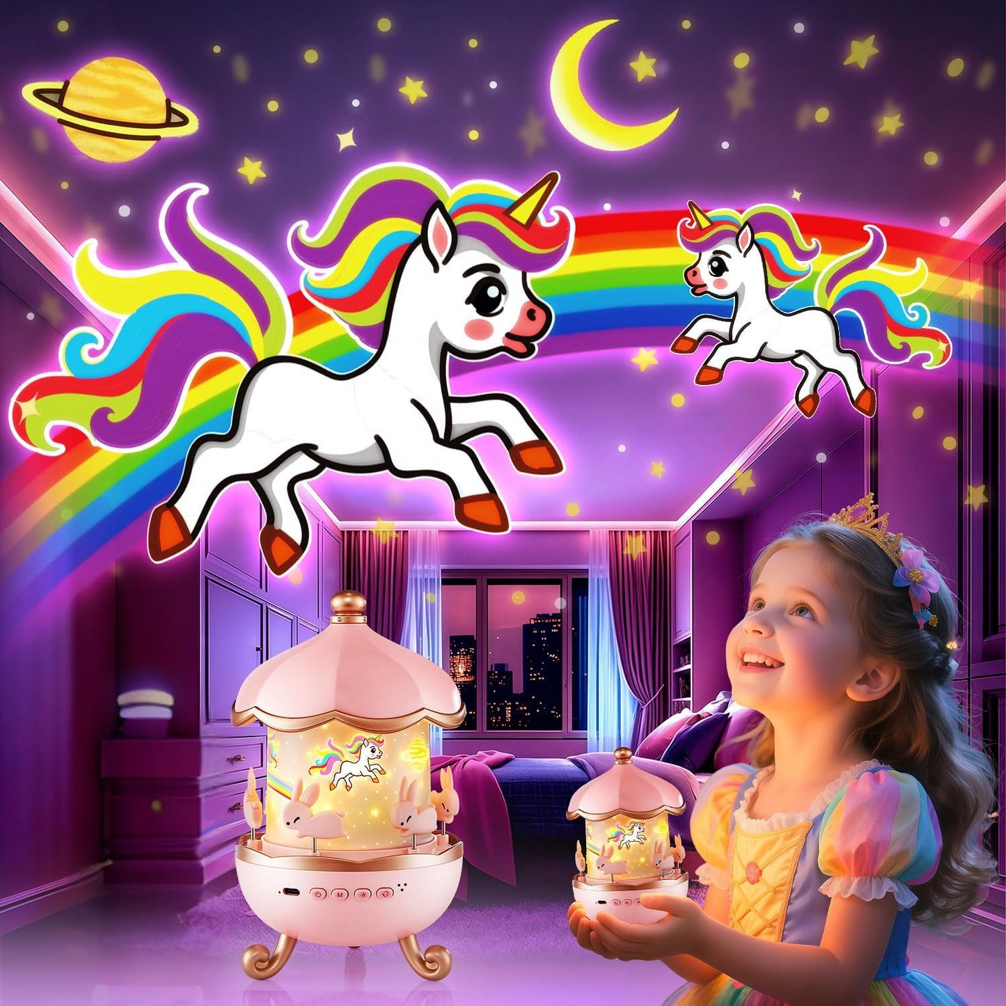 Proyector Carrousel para Niños y Niñas Figuras Parlante FlexAura®