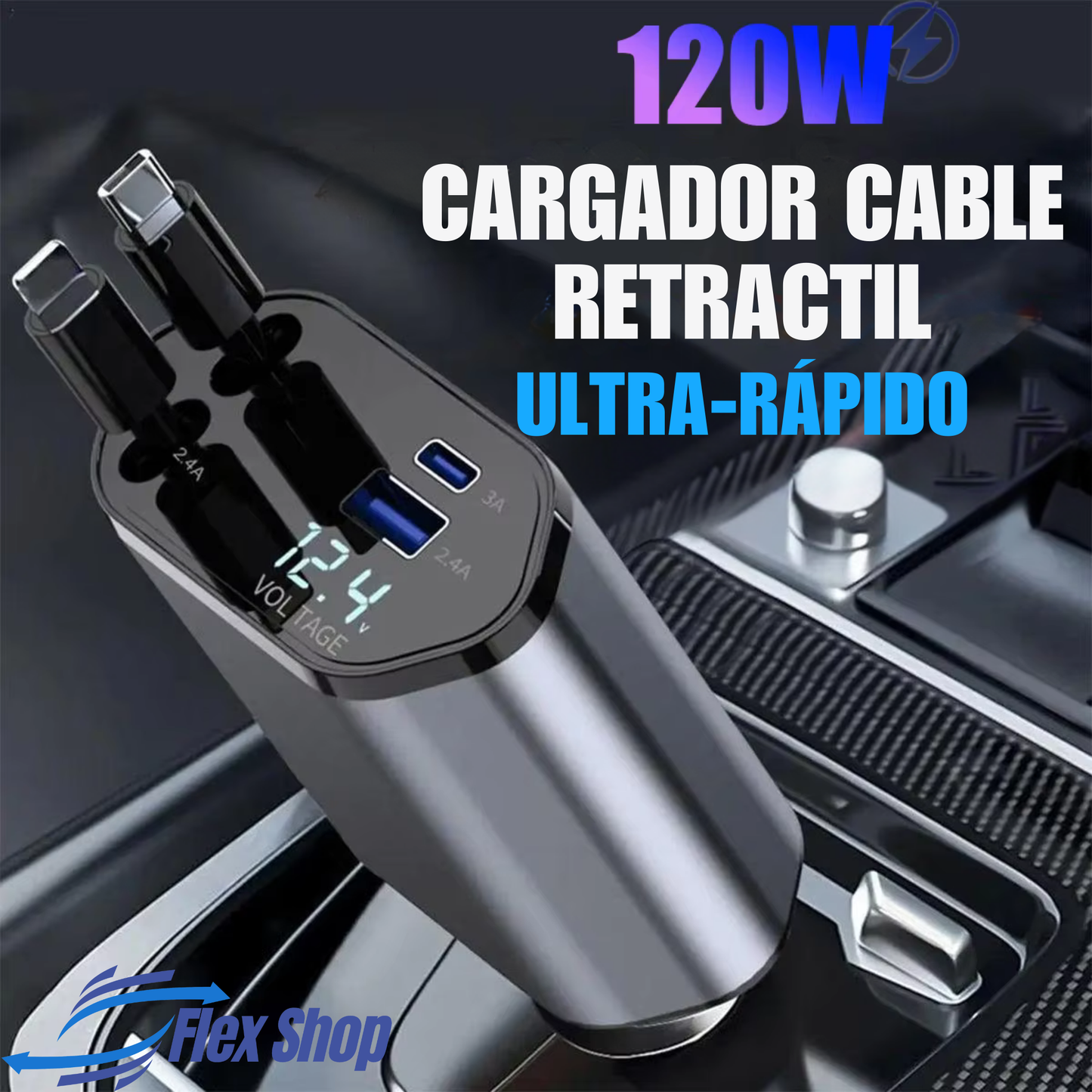 Cargador Rapido con Cable Retráctil para Auto FlexShop®