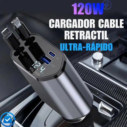 Cargador Rapido con Cable Retráctil 4 en 1 para Auto + Soporte Gratis
