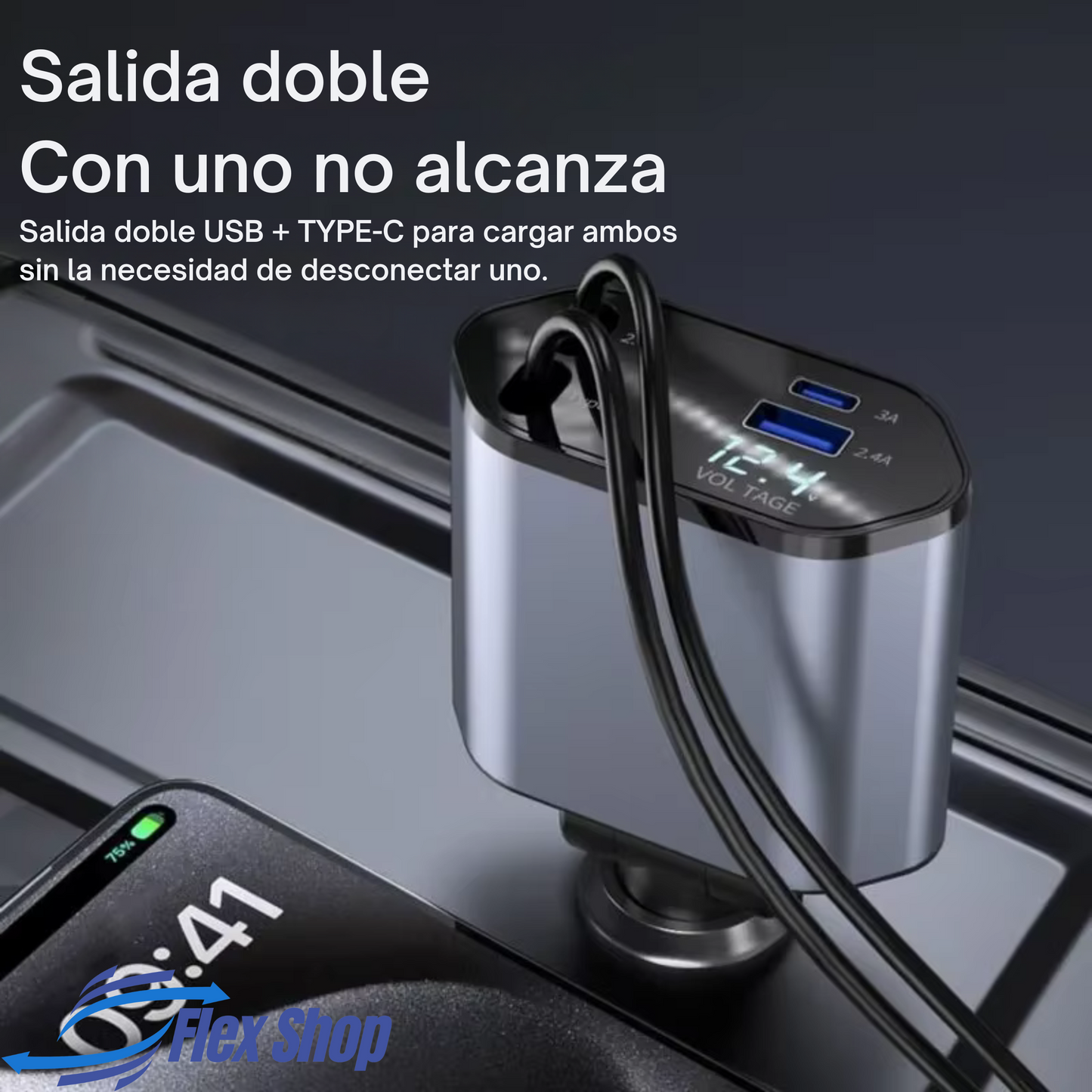 Cargador Rapido con Cable Retráctil para Auto FlexShop®