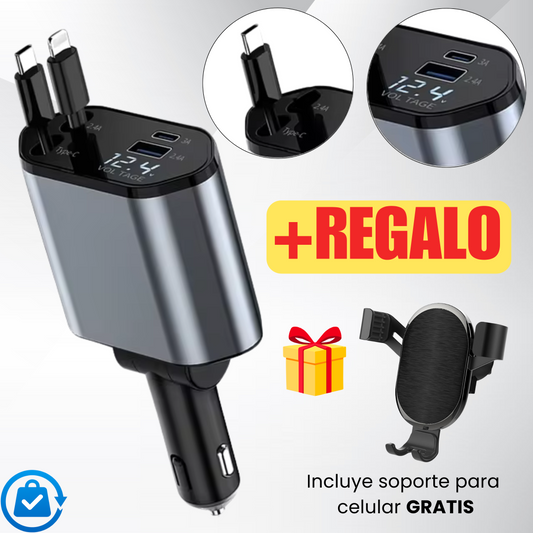 Cargador Rapido con Cable Retráctil 4 en 1 para Auto + Soporte Gratis