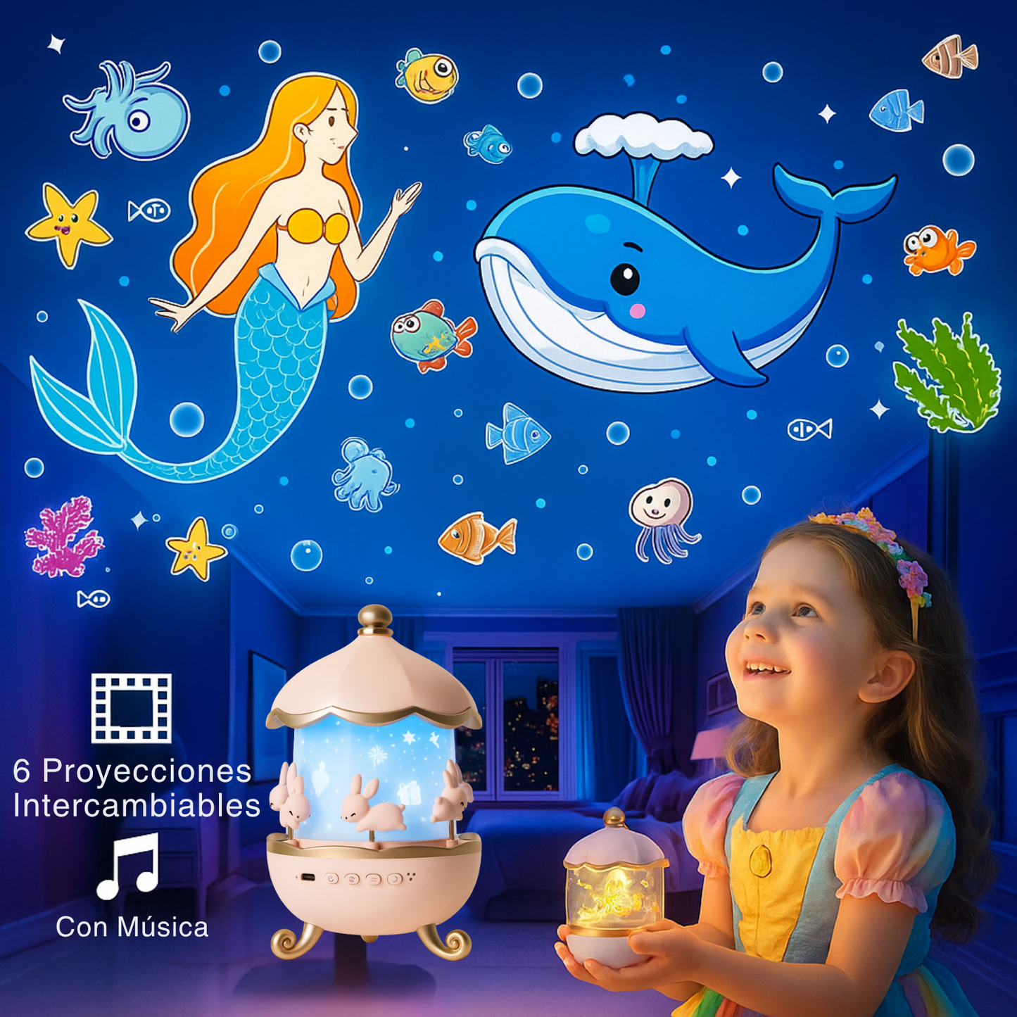Proyector Carrousel para Niños y Niñas Figuras Parlante FlexAura®